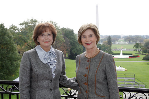 Mrs. Laura Bush greets First Lady of the Slovak Republic, Mrs. Silvia Gasparovicova, on the Truman Balcony of the White House, during Mrs. Gasparovicova's visit on Oct. 9, 2008. White House photo by Joyce N. Boghosian