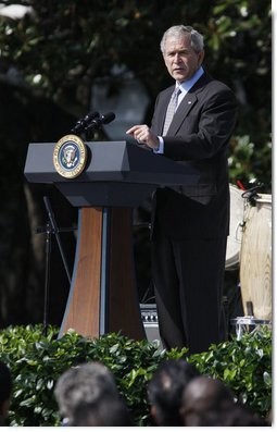 President George W. Bush addresses his remarks Thursday, Oct.9, 2008, during the South Lawn celebration of Hispanic Heritage Month at the White House.  White House photo by Eric Draper