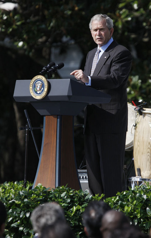 President George W. Bush addresses his remarks Thursday, Oct.9, 2008, during the South Lawn celebration of Hispanic Heritage Month at the White House. White House photo by Eric Draper