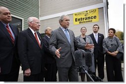 President George W. Bush delivers a statement after meeting with local business leaders Wednesday, Oct. 15, 2008, in Ada, Michigan. Said the President, "I want to thank you all for giving me a chance to hear from you. We've got some community bankers here that have been affected by the plan we put in place. And their bank lending is now secured by the FDIC. And I bring a sense of optimism and realism. I'm realistic about how tough the situation is. I'm optimistic that we're going to come through it. And I believe when we come thru it we're going to be better than ever." White House photo by Eric Draper