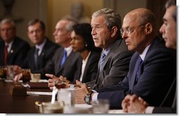 President George W. Bush addresses the media prior to the start of his Cabinet meeting Wednesday, Oct. 15, 2008, at the White House. Said the President, "I called my Cabinet together for them to get a full understanding of the extraordinary actions we've taken. Many of the Cabinet members are involved in helping make sure this economy is strong in the future -- no Cabinet member more involved than Secretary Paulson. And we have taken extraordinary measures because these are extraordinary circumstances."  White House photo by Eric Draper