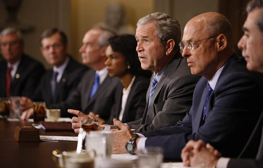 President George W. Bush addresses the media prior to the start of his Cabinet meeting Wednesday, Oct. 15, 2008, at the White House. Said the President, "I called my Cabinet together for them to get a full understanding of the extraordinary actions we've taken. Many of the Cabinet members are involved in helping make sure this economy is strong in the future -- no Cabinet member more involved than Secretary Paulson. And we have taken extraordinary measures because these are extraordinary circumstances." White House photo by Eric Draper