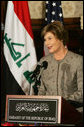 Mrs. Laura Bush delivers remarks at the launching of the Iraq Cultural Heritage Project Thursday, Oct. 16, 2008, at the Iraq Embassy in Washington, D.C. Mrs. Laura Bush said, "The Iraq Cultural Heritage Project will promote national unity by highlighting the rich heritage that all Iraqis share. And the Project will benefit all humanity by preserving the great historic sites, archaeological wonders, and cultural objects that tell the story of the world's earliest communities." White House photo by Joyce N. Boghosian