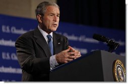 President George W. Bush addresses the United States Chamber of Commerce Friday, Oct. 17, 2008, in Washington, D.C. The President spoke on the state of the economy and thanked the Chamber and its members for "efforts to support the spirit of free enterprise, and to advance the interests of business, large and small, across our great country."  White House photo by Eric Draper