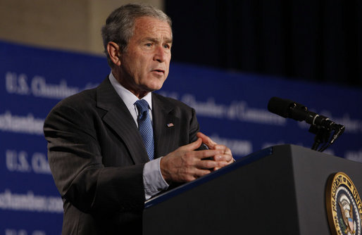 President George W. Bush addresses the United States Chamber of Commerce Friday, Oct. 17, 2008, in Washington, D.C. The President spoke on the state of the economy and thanked the Chamber and its members for "efforts to support the spirit of free enterprise, and to advance the interests of business, large and small, across our great country." White House photo by Eric Draper