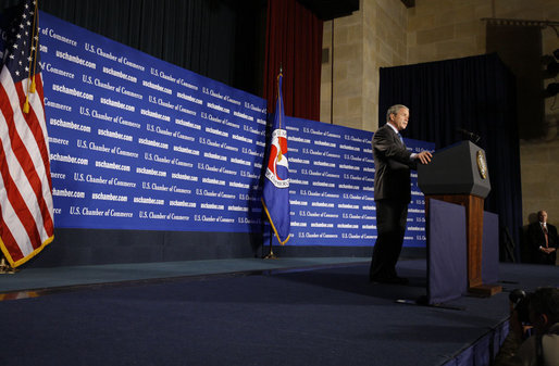 President George W. Bush delivers remarks on the economy during a visit Friday, Oct. 17, 2008, to the United States Chamber of Commerce. Said the President, "As we work to resolve the current crisis, we must also work to ensure that this situation never happens again. Above all, that requires updating the way we regulate America's financial system. Our 21st century global economy continues to be regulated by laws written in the 20th century. Secretary Paulson has proposed a detailed blueprint for modernizing these regulations. Others have put forward good suggestions. Enacting these ideas into law must be a top priority for the next President and the next Congress." White House photo by Eric Draper