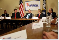 President George W. Bush participates in a roundtable discussion on the economy with local business leaders from Alexandria, Louisiana Monday, Oct. 20, 2008, at the Central Louisiana Chamber of Commerce in Alexandria, Louisiana. The President delivered a statement on the Emergency Economic Stabilization Act and the Department of the Treasury's Troubled Asset Relief Plan. Joining the President from left to right, Martin Johnson, Lance Harris, Grace Allen, and Blake Chatelain White House photo by Chris Greenberg