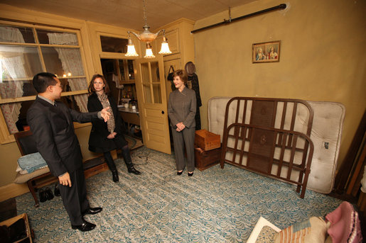 Mrs. Laura Bush and daughter Barbara Bush visit the Lower East Side Tenement Museum in New York City, Friday, Oct. 24, 2008. The tour led by the museum's Vice President of Public Affairs, Mr. David Eng. Mrs. Bush said that it is important for all Americans to remember where we have come from and reflect on our history. She added that the museum makes it possible for visitors to see the past and remind us of our heritage in a diverse, thriving and immigrant culture. White House photo by Chris Greenberg