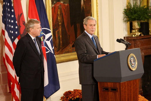 President George W. Bush is joined by NATO Secretary General Jaap De Hoop Scheffer as he addresses his remarks to invited guests Friday, Oct. 24, 2008 in the East Room of the White House, prior to signing the NATO accession protocols in support of the nations of Albania and Croatia to join the NATO alliance. White House photo by Chris Greenberg