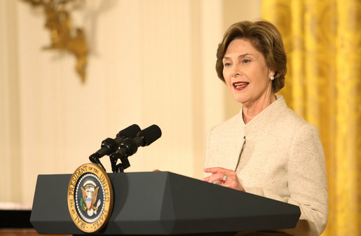 Mrs. Laura Bush addresses her remarks Monday evening, Oct. 27, 2008 in the East Room of the White House, during a celebration in honor of the 150th birthday and contributions of President Theodore Roosevelt. White House photo by Chris Greenberg