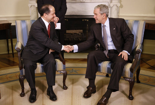 President George W. Bush welcomes Kurdistan Regional Government President Massoud Barzani to the Oval Office, Wednesday, Oct. 29, 2008, at the White House. White House photo by Eric Draper