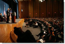 President George W. Bush addresses his remarks Thursday, Oct. 30, 2008, at the graduation ceremony for FBI special agents in Quantico, Va. President Bush congratulated the special agents on their graduation accomplishment and thanked them for stepping forward to serve their country. White House photo by Joyce N. Boghosian