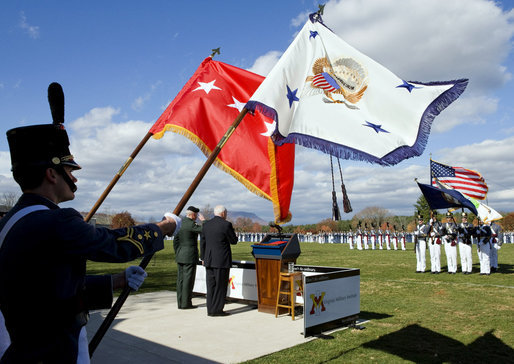 Vice President Dick Cheney is joined by Virginia Military Institute Superintendent General J.H. Binford Peay III, center left, for the posting of the colors Saturday, Nov. 8, 2008, during a parade by the VMI Corps of Cadets in Lexington, Va. White House photo by David Bohrer