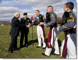 Vice President Dick Cheney greets members of the Virginia Military Institute regimental staff Saturday, Nov. 8, 2008, during Military Appreciation Day at VMI's Parade Ground in Lexington, Va.  White House photo by David Bohrer