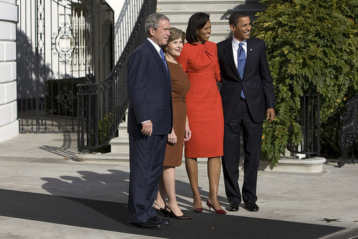 President George W. Bush and Mrs. Laura Bush welcome President-elect Barack Obama and Mrs. Michelle Obama to the White House Monday, Nov. 10, 2008, after the couple's South Portico arrival. White House photo by Eric Draper