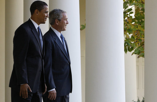 President George W. Bush and President-elect Barack Obama pause for photographs Monday, Nov. 10, 2008, on the Colonnade as the President welcomed his successor and Mrs. Michelle Obama to the White House. White House photo by Eric Draper