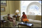 Mrs. Laura Bush and Mrs. Michelle Obama sit in the private residence of the White House Monday, Nov. 10, 2008, after the President-elect and Mrs. Obama arrived for a visit. White House photo by Joyce N. Boghosian