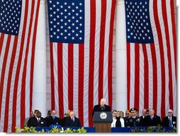 Vice President Dick Cheney addresses his remarks Tuesday, Nov. 11, 2008, during Veterans Day ceremonies at Arlington National Cemetery in Arlington, Va. “Every man and woman who wears America’s uniform is part of a long, unbroken line of achievement and honor,” said the Vice President. “No single military power in history has done greater good, shown greater courage, liberated more people, or upheld higher standards of decency and valor than the Armed Forces of the United States of America.”  White House photo by David Bohrer