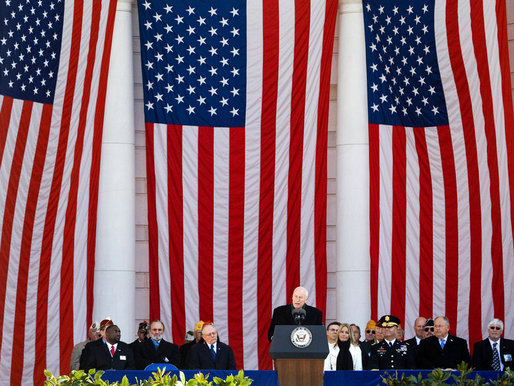 Vice President Dick Cheney addresses his remarks Tuesday, Nov. 11, 2008, during Veterans Day ceremonies at Arlington National Cemetery in Arlington, Va. “Every man and woman who wears America’s uniform is part of a long, unbroken line of achievement and honor,” said the Vice President. “No single military power in history has done greater good, shown greater courage, liberated more people, or upheld higher standards of decency and valor than the Armed Forces of the United States of America.” White House photo by David Bohrer