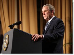 President George W. Bush addresses his remarks Wednesday evening, Nov. 12, 2008, at the 2008 Bishop John T. Walker Memorial Dinner in Washington, D.C., where President Bush was honored with the Bishop John T. Walker Distinguished Humanitarian Service Award from Africare. White House photo by Chris Greenberg