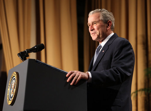 President George W. Bush addresses his remarks Wednesday evening, Nov. 12, 2008, at the 2008 Bishop John T. Walker Memorial Dinner in Washington, D.C., where President Bush was honored with the Bishop John T. Walker Distinguished Humanitarian Service Award from Africare. White House photo by Chris Greenberg