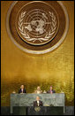 President George W. Bush addresses his remarks Thursday, Nov. 13. 2008, at the United Nations High-level Debate on Interfaith Dialogue at the United Nations General Assembly in New York. President Bush said religious belief has "sustained me through the challenges and joys of my presidency." White House photo by Eric Draper