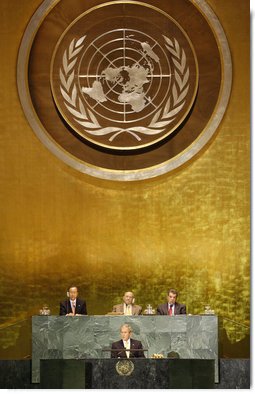 President George W. Bush addresses his remarks Thursday, Nov. 13. 2008, at the United Nations High-level Debate on Interfaith Dialogue at the United Nations General Assembly in New York. President Bush said religious belief has "sustained me through the challenges and joys of my presidency."  White House photo by Eric Draper