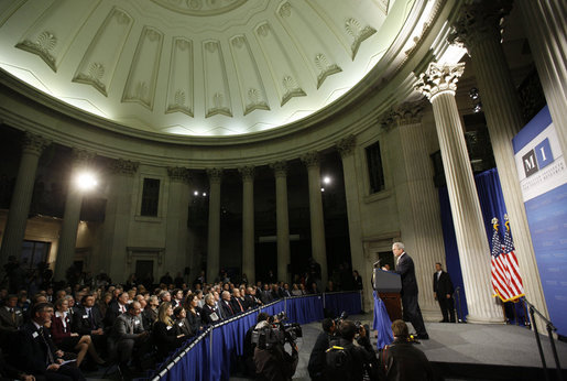 President George W. Bush addresses his remarks on financial markets and the world economy Thursday, Nov. 13, 2008, at the Federal Hall National Memorial in New York. White House photo by Eric Draper