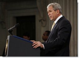 President George W. Bush addresses his remarks on financial markets and the world economy Thursday, Nov. 13, 2008, at the Federal Hall National Memorial in New York. President Bush said, "While reforms in the financial sector are essential, the long-term solution to today's problems is sustained economic growth. And the surest path to that growth is free markets and free people."  White House photo by Eric Draper