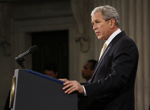 President George W. Bush addresses his remarks on financial markets and the world economy Thursday, Nov. 13, 2008, at the Federal Hall National Memorial in New York. President Bush said, "While reforms in the financial sector are essential, the long-term solution to today's problems is sustained economic growth. And the surest path to that growth is free markets and free people." White House photo by Eric Draper