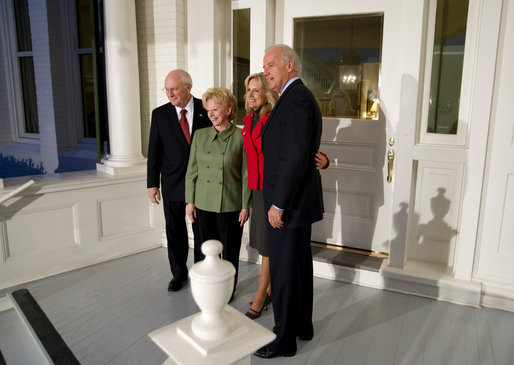 Vice President Dick Cheney and Mrs. Lynne Cheney welcome Vice President-elect Joe Biden and Mrs. Jill Biden to the Vice President’s Residence Thursday, November 13, 2008, at the U.S. Naval Observatory in Washington, D.C. White House photo by David Bohrer