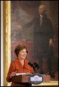 Mrs. Laura Bush delivers remarks during the Coming Up Taller Awards Friday, Nov. 14, 2008, in the East Room of the White House. Mrs. Bush stated during her remarks, "Congratulations to all the recipients of the 2008 Coming Up Taller Awards! Because of the programs you represent, young people are building the confidence to paint, dance, speak, sing and in every one of their communities, to walk taller. Thank you all very, very much." White House photo by Joyce N. Boghosian