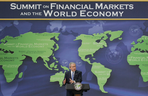 President George W. Bush delivers his remarks following the conclusion of the Summit with Financial Markets and the World Economy Leaders Saturday, Nov. 15, 2008, at the National Building Museum in Washington, D.C. President Bush stated in his remarks, "The United States, in the midst of this financial crisis, will not abandon our commitments to people in the developing world." White House photo by Joyce N. Boghosian