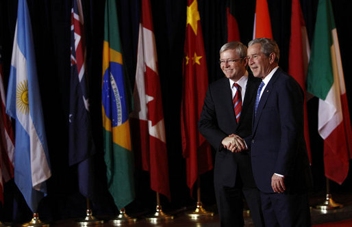 President George W. Bush welcomes Prime Minister Kevin Rudd of Australia, to the Summit on Financial Markets and the World Economy Saturday, Nov. 15, 2008, at the National Building Museum in Washington, D.C. White House photo by Eric Draper