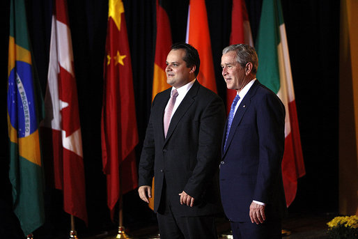 President George W. Bush welcomes H.E. Jan Cornelis de Jager, Netherland's Minister of Finance, to the Summit on Financial Markets and the World Economy Saturday, Nov. 15, 2008, at the National Building Museum in Washington, D.C. White House photo by Eric Draper