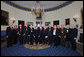 President George W. Bush and Mrs. Laura Bush stand with the recipients of the 2008 National Humanities Medal in the Blue Room at the White House Monday, Nov., 17, 2008. Pictured from left, Thomas A. Saunders III, president, and Jordan Horner Saunders, Board of Directors, North Shore Long Island Jewish Health Systems; Albert Marrin, author; Richard Brookhiser, Senior Editor, National Review; Harold Holzer, Senior Vice President for External Affairs, Metropolitan Museum of Art; Gabor S. Boritt, Director, Civil War Institute, Gettysburg College; Milton J. Rosenberg, WGN Radio Chicago; Myron Magnet, editor, City Journal; Adair Wakefield Margo, Presidential Citizen Medal recipient; Robert H. Smith, president, Vornado/Charles E. Smith; Laurie Norton, Director and CEO, Norman Rockwell Museum; Bruce Cole, Presidential Citizen Medal recipient. White House photo by Chris Greenberg