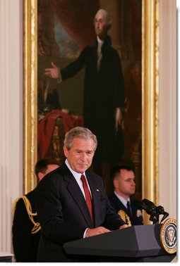 President George W. Bush welcomes the award recipients to the presentation of the 2008 National Medal of Arts and 2008 National Humanities Medal, honoring those for their outstanding contributions to the arts, and the preservation and education of the humanities in America. White House photo by Joyce N. Boghosian