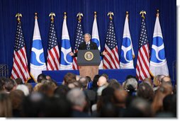 President George W. Bush gestures as he addresses his remarks at the U.S. Transportation Department in Washington, D.C., Tuesday, Nov. 18, 2008, where Preident Bush announced an expansion of the U.S. airpspace for civilian flights, the "Thanksgiving Express Lanes," to now include areas of the Midwest, Southwest and the West Coast to reduce holiday airline delays and to also boost flight capacity at some of America's busiest airports.  White House photo by Chris Greenberg