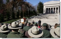 Mrs. Laura Bush delivers her remarks during her visit to the Abraham Lincoln Birthplace National Historic Site Tuesday, Nov. 18, 2008, in Hodgenville, KY.  White House photo by Joyce N. Boghosian