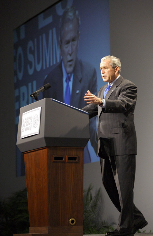 President George W. Bush addresses the APEC CEO Summit 2008 Saturday, Nov. 22, 2008, at the Ministry of Defense Convention Center in Lima, Peru. The President told his audience, "I believe it is important for the world to recognize, and for our country to recognize, that the United States is a Pacific nation. And over the past eight years. I made APEC a priority." White House photo by Eric Draper