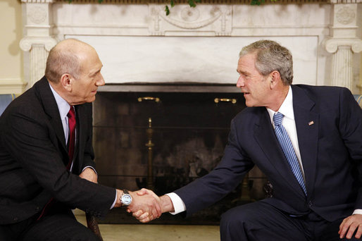 President George W. Bush and Prime Minister Ehud Olmert shake hands during the Israeli leader's visit Monday, Nov. 24, 2008, to the Oval Office. White House photo by Eric Draper