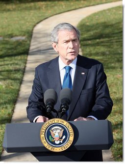 President George W. Bush delivers his remarks on the economy from the south driveway Friday, Dec. 5, 2008, at the White House. President Bush stated during his remarks, "We're working with the Federal Reserve and FDIC, and credit is beginning to move. A market that was frozen is thawing. There's still more work to do. But there are some encouraging signs."  White House photo by Chris Greenberg