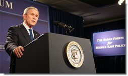 President George W. Bush addresses his remarks at The Saban Forum 2008 for Middle East Policy, Friday, Dec. 5, 2008, at the Newseum in Washington, D.C.  White House photo by Chris Greenberg