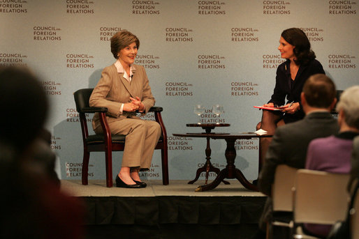 Mrs. Laura Bush is welcomed Wednesday, Dec. 10, 2008, to a question and answer session at the Council on Foreign Relations in New York City by moderator Kathryn "Kitty" Pilgrim, right, of CNN. Mrs. Bush delivered an opening statement on the 60th anniversary of the Universal Declaration of Human Rights and discussed the human rights of women. White House photo by Joyce N. Boghosian