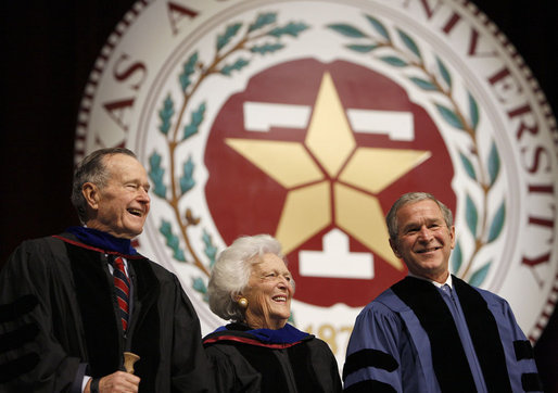 President George W. Bush smiles with his parents, former President George H.W. Bush, left, and former first lady Barbara Bush following his commencement address at Texas A&M University's winter convocation Friday, Dec. 12, 2008, in College Station, Texas. White House photo by Eric Draper