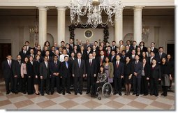 President George W. Bush stands with recipients of the 2007 Presidential Early Career Awards for Scientists and Engineers Friday, Dec. 19, 2008, in the Grand Foyer of the White House. White House photo by Chris Greenberg