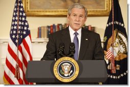 President George W. Bush delivers a statement regarding the automobile industry Friday, Dec. 19, 2008, from the Roosevelt Room of the White House. Said the President, "Today, I'm announcing that the federal government will grant loans to auto companies under conditions similar to those Congress considered last week. By giving the auto companies a chance to restructure, we will shield the American people from a harsh economic blow at a vulnerable time. And we will give American workers an opportunity to show the world once again they can meet challenges with ingenuity and determination, and bounce back from tough times, and emerge stronger than before." White House photo by Chris Greenberg