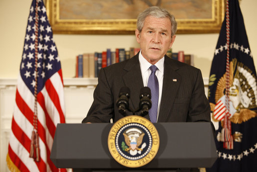 President George W. Bush delivers a statement regarding the automobile industry Friday, Dec. 19, 2008, from the Roosevelt Room of the White House. Said the President, "Today, I'm announcing that the federal government will grant loans to auto companies under conditions similar to those Congress considered last week. By giving the auto companies a chance to restructure, we will shield the American people from a harsh economic blow at a vulnerable time. And we will give American workers an opportunity to show the world once again they can meet challenges with ingenuity and determination, and bounce back from tough times, and emerge stronger than before." White House photo by Chris Greenberg