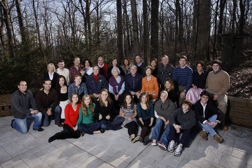 President George W. Bush and family gather at Camp David on Christmas, Thursday, Dec. 25, 2008. Seated front row, Lauren Bush, Ashley Bush, Ellie LeBlond, Gigi Koch, Elizabeth Andrews, Marshall Bush, Pace Andrews, Walker Bush. Second row, John E. Bush, George P. Bush, Barbara Bush, Pierce Bush, former President George H.W. Bush, former First Lady Barbara Bush, President George W. Bush, First Lady Laura Bush, Jenna Hager, Top row, Mandi Bush, Sam LeBlond, Neil Bush, Ally Bush, Maria Bush, Bobby Koch, Doro Koch, Margaret Bush, Marvin Bush, Columba Bush, former Gov. Jeb Bush, Henry Hager, Noelle Bush, and Robert Koch. White House photo by Eric Draper