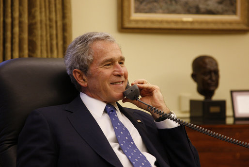 President George W. Bush speaks to leaders of the 111th Congress Tuesday, Jan. 6, 2009, from the Oval Office of the White House during the traditional phone call to announce the start of the session. White House photo by Eric Draper